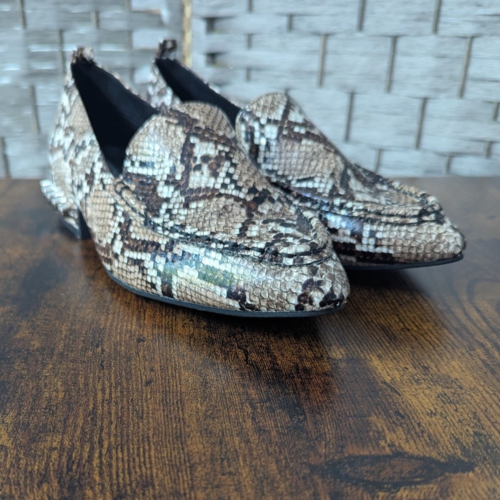 Jeffrey Campbell Loafers Brown Snakeskin Studded Heel 7.5M Chic Contemporary